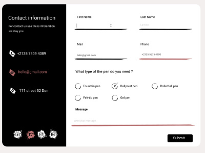 Contact form design: desktop edition black contact contact form contact page contact us contacts design figma form form field forms information typography ui ux web webdesign white