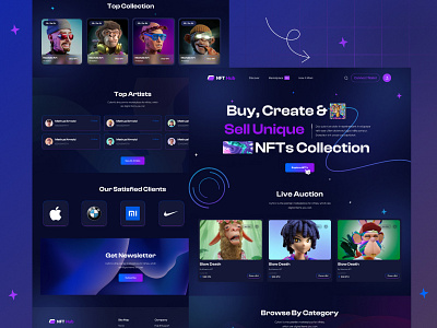 NFT landing page 3d nft bitcoin blockchain crypto crypto art cryptocurrency digital art home page landing page marketplace nft nft card nft websites nftart ui ux web web design website design