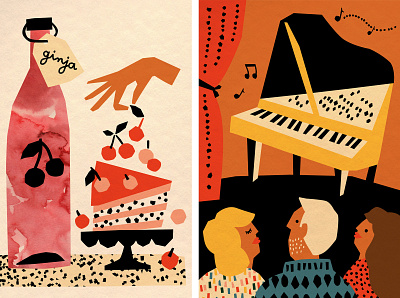 Madeira Early events cake character cherry colorful editorial illustration events handmade illustration people piano red vector
