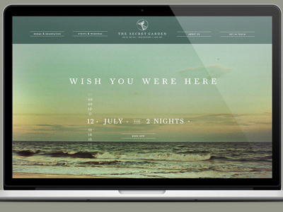 Secret Garden website fullscreen flat branding minimal image beach bb dropdown time calendar