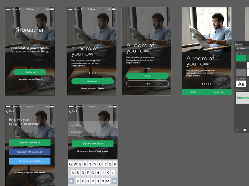 Breather 2.0 breather green onboarding login sign up app ios button