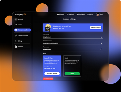 Account Setting Screen (Dark Mode) account settings black and white colorpalette dark ui darkmode design figma figmadesign glassmorphism screen interface typography ui ui ux ui design ui interface uidesign uidesigner unsplash