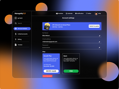 Account Setting Screen (Dark Mode) account settings black and white colorpalette dark ui darkmode design figma figmadesign glassmorphism screen interface typography ui ui ux ui design ui interface uidesign uidesigner unsplash