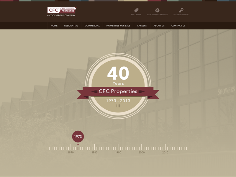 CFC Properties 40 Years Site badge timeline parallax yellow red brown