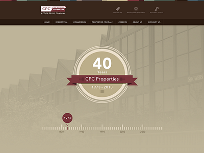 CFC Properties 40 Years Site badge brown parallax red timeline yellow
