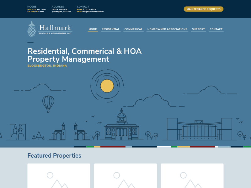 Hallmark Rentals & Management, Inc. Website property management pineapple nunito sans libre baskerville blue indiana bloomington illustration city web site
