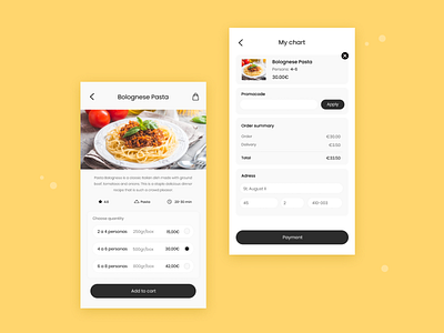 Order food - App add to cart adress app chart delivery design order product promocode resume summary ui ux