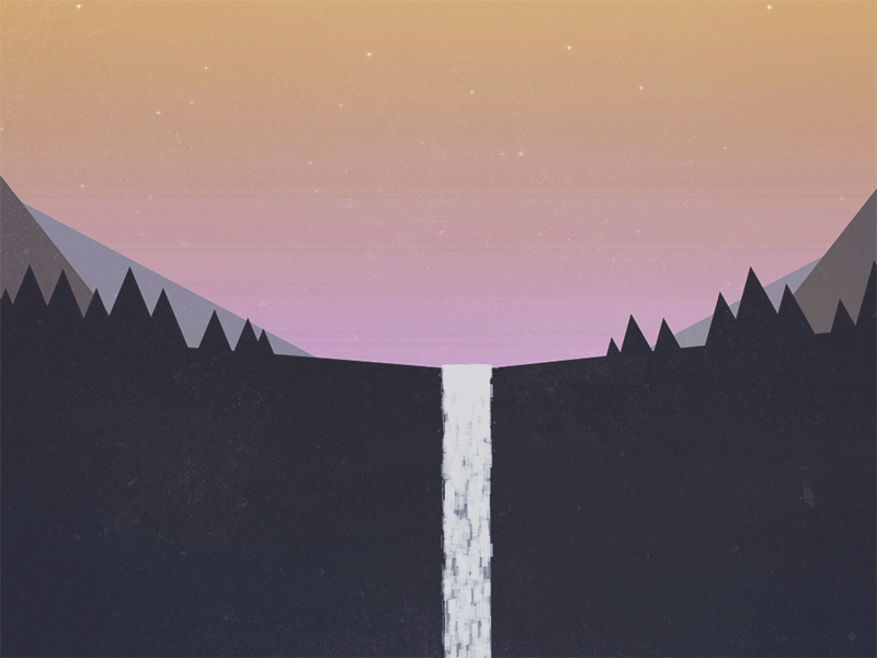 Silent Escape animation dawn forest gif landscape light loop mountain path silhouette waterfall