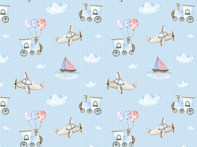 Boys pattern: Traveling (on blue) adventure children childrens illustration hand drawn illustration kids kids art nursery pattern pattern design pattern designer surface pattern surface pattern design traveling watercolor