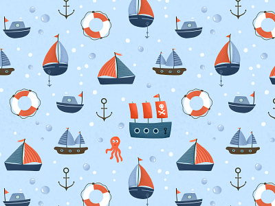 Ships on blue bubbles childrens illustration illustration kids nautical pattern pattern design pattern designer procreate sea ships surface pattern