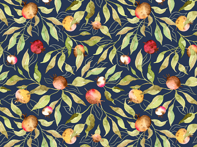 Watercolor Rosehips on navy fabric pattern fabrics pattern pattern design pattern designer surface pattern textile textile pattern watercolor watercolor drawing watercolor pattern