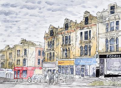 Top of Whiteladies, Bristol architecture art bristol buildings design illustration shops watercolour illustration