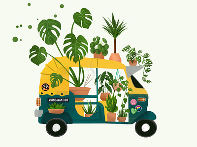 Plants Engulfing an Auto Rickshaw auto rickshaw design drawing graphic design house plants illustration india indian nature plants rickshaw transport tuk tuk tuktuk