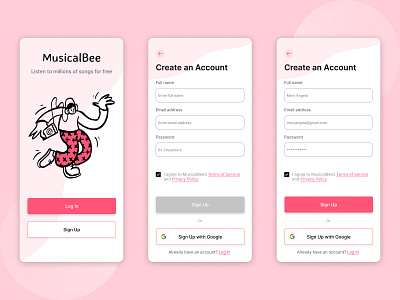 Sign Up - Mobile app artist business create account dance design google log in music music app music player musician musicplayer password policy sign in sign up songs ui ux