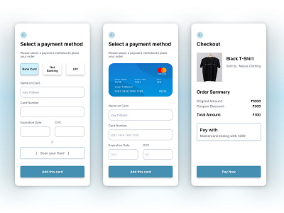 Credit Card Checkout Mobile app bank card cards ui checkout credit credit card checkout credit cards creditcard design net banking order payment payment app payment form payment method payments paypal ui upi ux