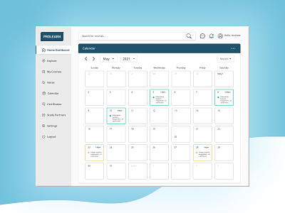 Student Dashboard Interface - Calendar Screen