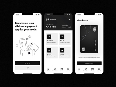 Monchrome App design fintech landing page payment app product design ui uiux ux virtual card