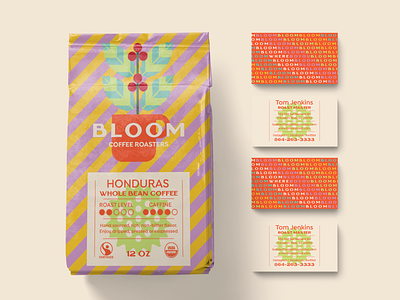 BLOOM Coffee Pouch, Cards and Cans bloom branding business can card coffee coffee bean color color palette geometric illustration logo minimal modern packaging design stripes