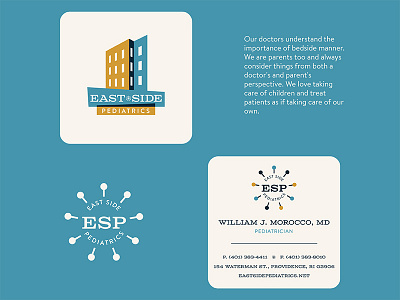 East Side Pediatrics part IV business cards call to action clock doctor logo mid century mid century modern nelson pediatrics