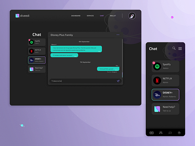 Diveedi.com (4) - Black version app branding chat design disnet plus graphic design message mobile netflix sharing spotify ui ux webapp website