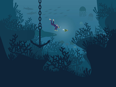 Underwater adobe illustrator corals design diving fish flat illustration sea seabed ship vector