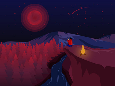 The Night adobe illustrator bonfire comet design flat forest illustration moon night river stars vector