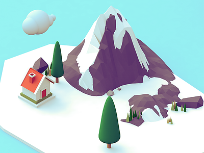 North Pole 3d c4d cloud house ice illustration island lowpoly tree
