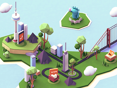 Droid City 3d c4d city illustration island isometric low poly lowpoly render