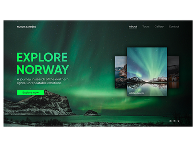 travel company nordik explore: home page design explore green home page home page ui landing landing page design norway site travel travel agency ui uidesign uiux ux uxdesign uxui web webdesign website