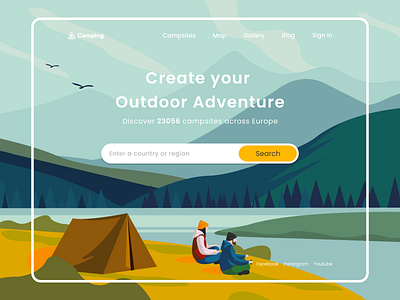 camping service: home page adventure camping explore green homepage illustration interface landing page design mainpage outdoor ui ux uxui uxuicamping uxuidesign vector web webdesign website yellow