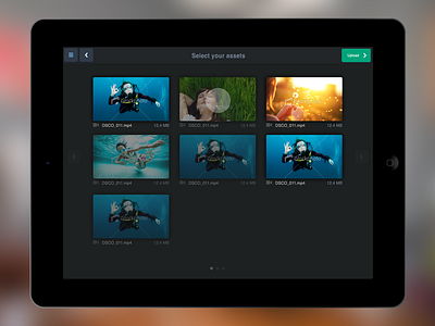 Video Editing App - Assets Management assets blue dark flat ios ipad ipad video tablet thumbnails touch ui video