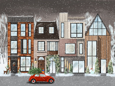 Winter street - Christmas time christmas christmastime cozy design holiday house illustration pinetree procreate sketch sketching street winter winter street