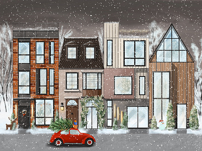 Winter street - Christmas time christmas christmastime cozy design holiday house illustration pinetree procreate sketch sketching street winter winter street