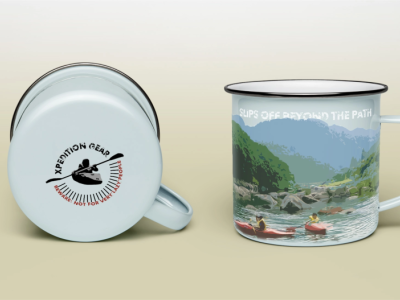 Design a vintage enamel mug for a premium camping/hiking company camping