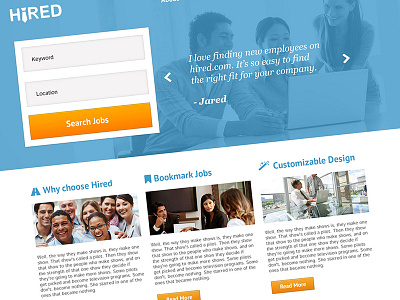 Hired Home Page blue cheesy pixels hired job posting orange theme website wordpress