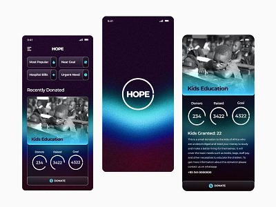 Hope - Mobile App UI UX Design app donation glassmorphism gradient interface minimal mobile mobile app mobile apps mobile ui mobileapp mobileappdesign noisy non profit nonprofit ui ui design uiux ux ux ui design