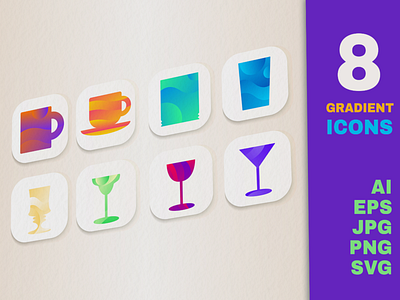 Gradient Drink Icons Set coffee collection cup drink drinking glass glassware icon mug set vector water