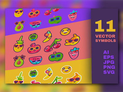 Summer Fruits Emoji Set berries collection emoji emotion fruits pineapple set smile strawberry summer vector watermelon