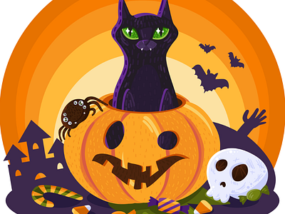 Cartoon Halloween Cat animal black cat decoration domestic funny halloween kitty pumpkin sitting vector vegetable