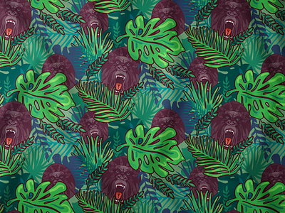 Angry Gorilla Seamless Pattern angry exotic fierce flora gorilla head leaves monstera pattern plant roaring seamless