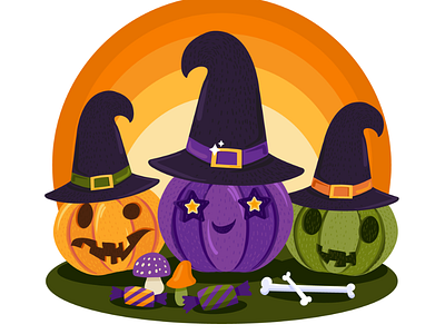 Halloween Witch Pumpkins Party celebration face hag halloween mystic party pumpkin scary vector vegetable wearing witch