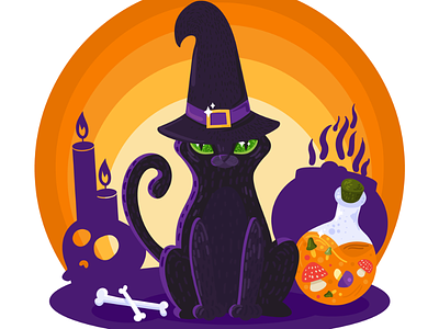 Halloween Witch Cat Illustration black cat cute decoration design element halloween hat illustration invitation scary vector