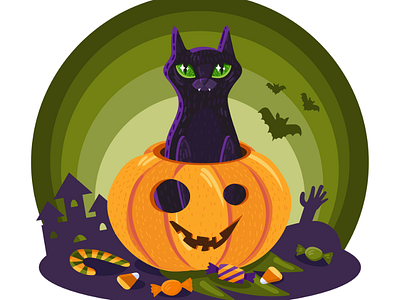 Halloween Cat In Pumpkin black card cat cute decoration design element halloween illustration invitation scary vector