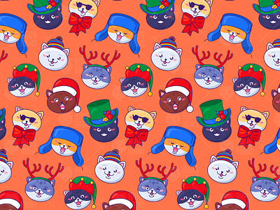 Christmas Cats Seamless Pattern cartoon flat cat character christmas cute hat headwear pattern seamless template vector winter
