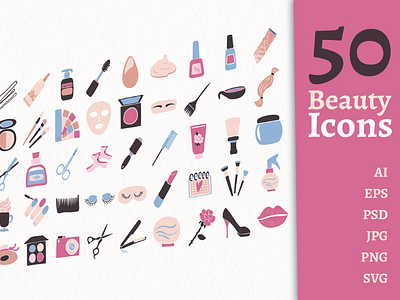 50 Beauty Service Icons beauty collection comb curling icon iron salon scissors service set sprayer vector