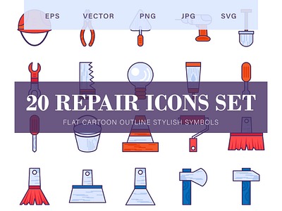 20 Repair Icons brush build carpenter collection construction sign element hammer icons set shovel tools vector