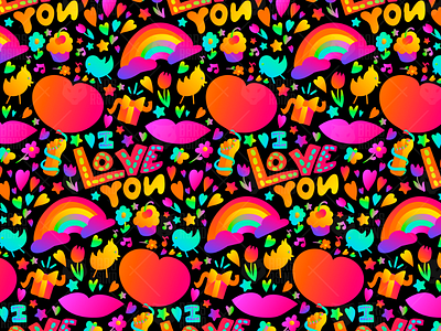 Neon Romantic Pattern doodle fluorescent hand holiday illuminated light love neon pattern seamless shining valentine