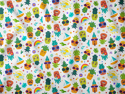 Cartoon Pineapple Smiles Seamless Pattern ananas face fruit happy pattern pineapple seamless smiling summer tropical vector wallpaper