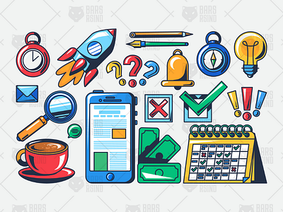 Business Management Set answer business exclamation icon light mark question rocket set solution stationery timer