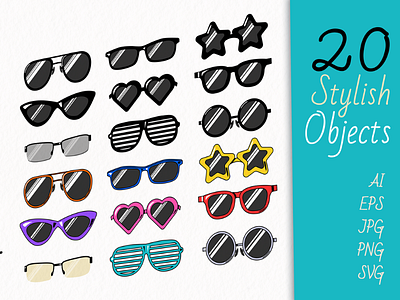 Colorful Cartoon Eyeglasses Clipart Set eyesight eyewear fashion glass lens optic optical silhouette specs spectacles sunglasses vision